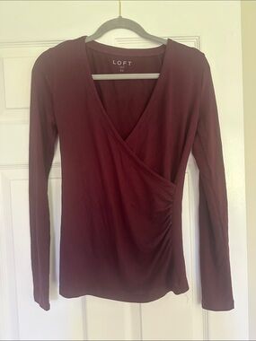 LOFT Burgundy Wrap-Style Long Sleeve Top